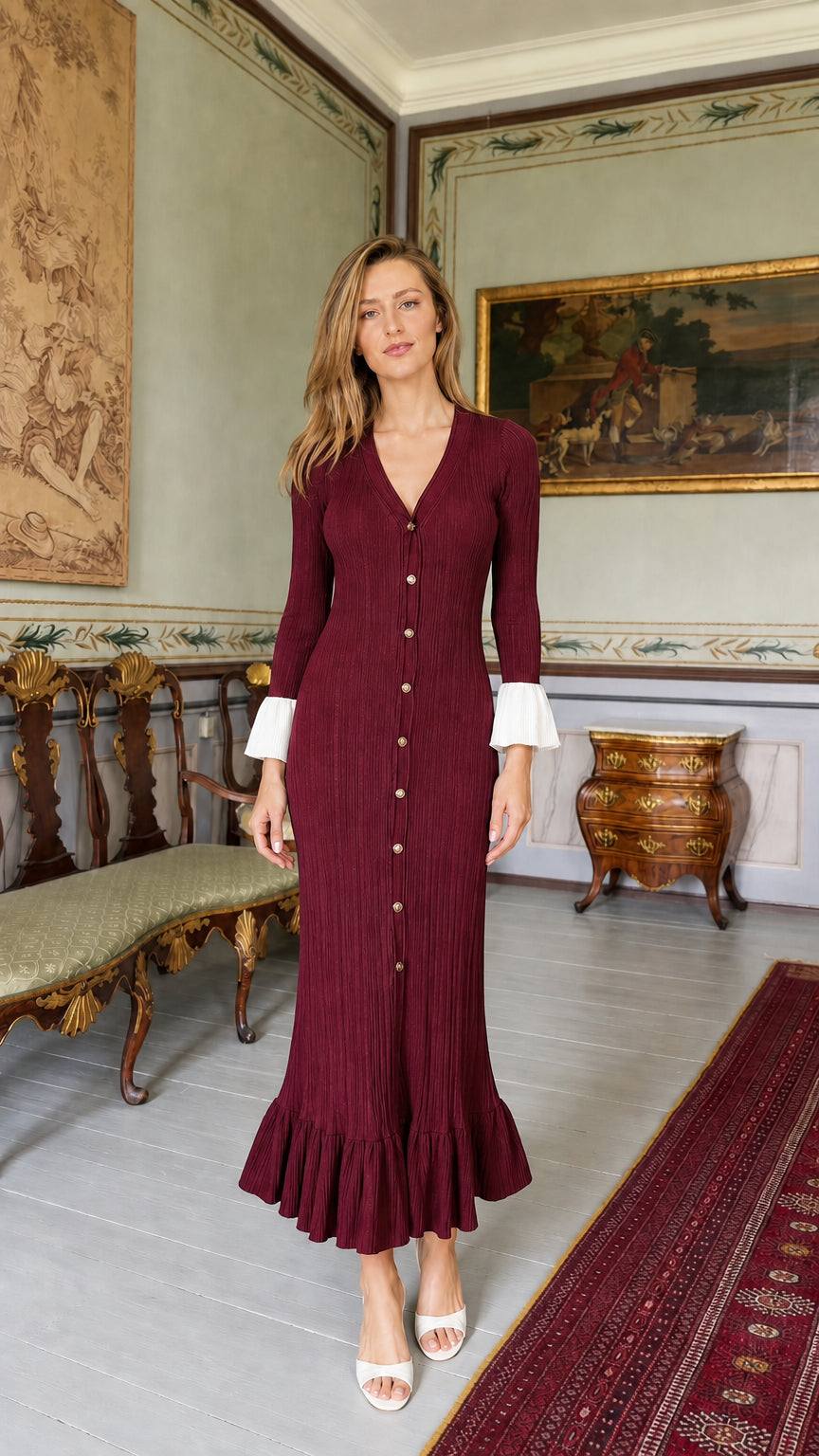 Front view of model wearing burgundy ribbed knit midi dress