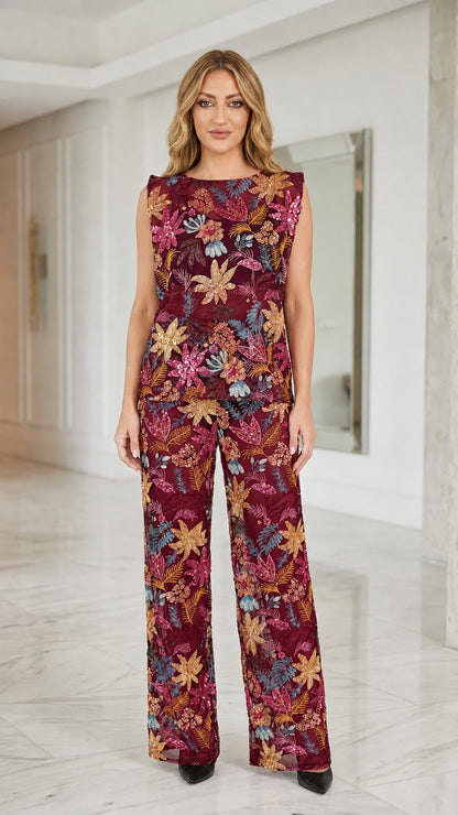 Front view of model wearing burgundy sequin floral mesh two-piece set