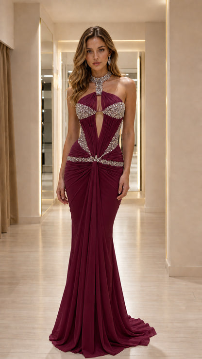 Burgundy embellished halter mermaid evening gown shown from the front