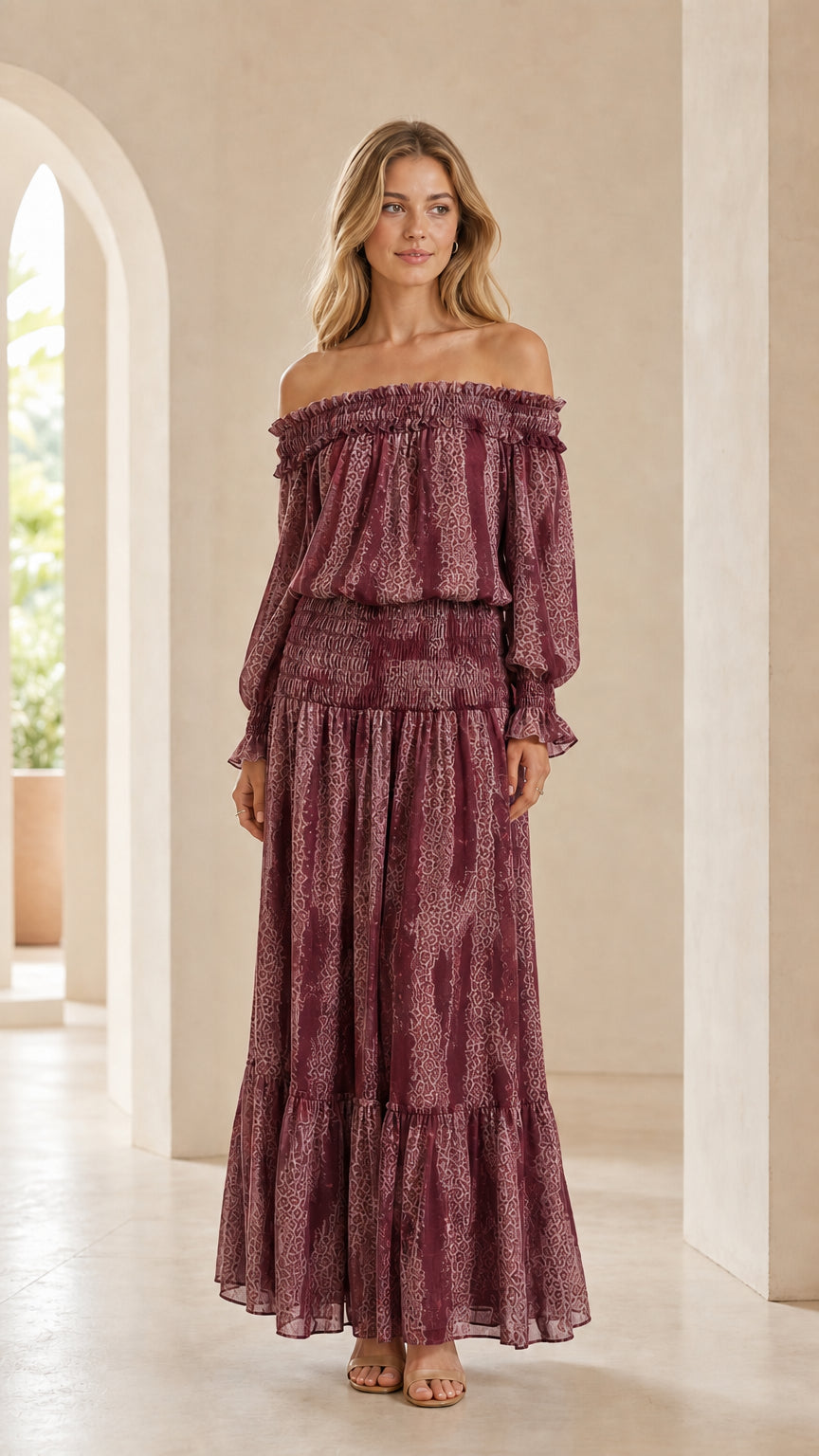 Full-length view of woman wearing Burgundy printed off-the-shoulder smocked maxi dress