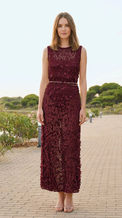 Front view of burgundy sequin crochet maxi dress on model