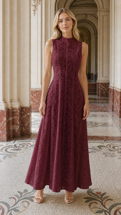Full length view of woman wearing burgundy lace maxi dress