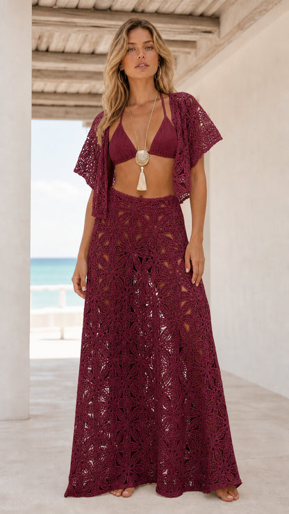 Model wearing burgundy crochet cover-up set