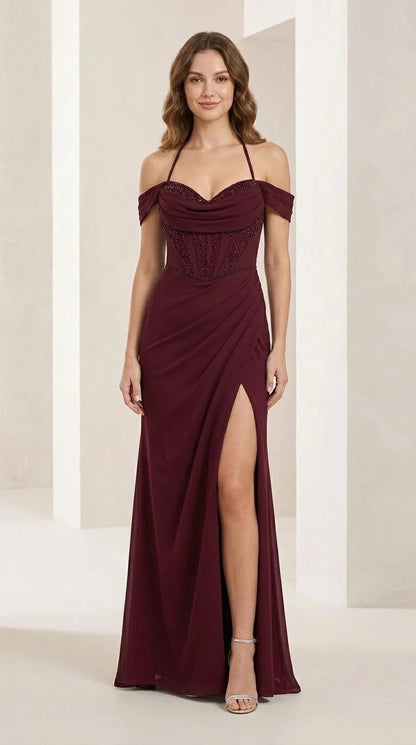 Front view of burgundy evening gown
