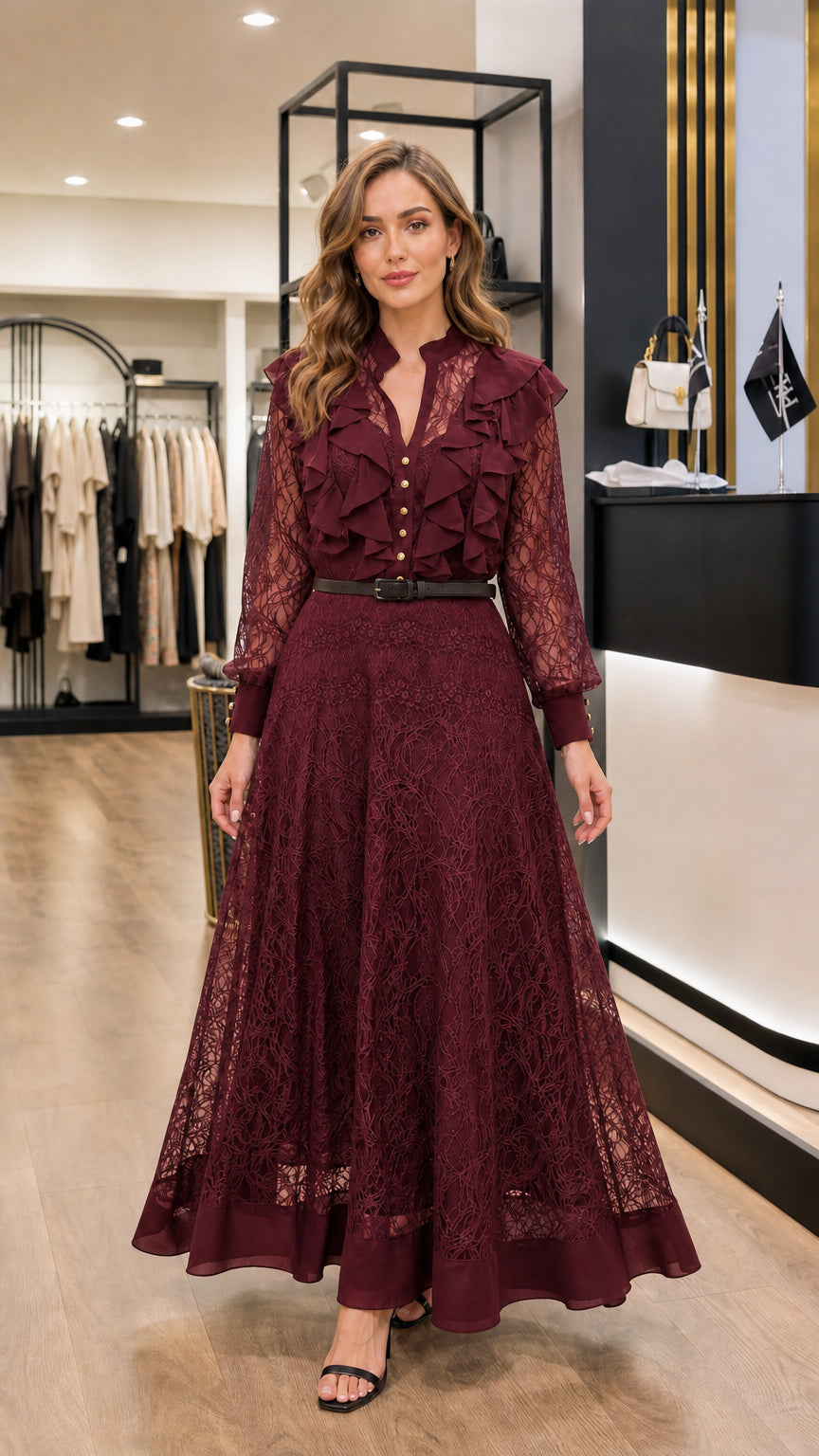 Front view of deep burgundy wine red lace maxi dress with ruffles and belt