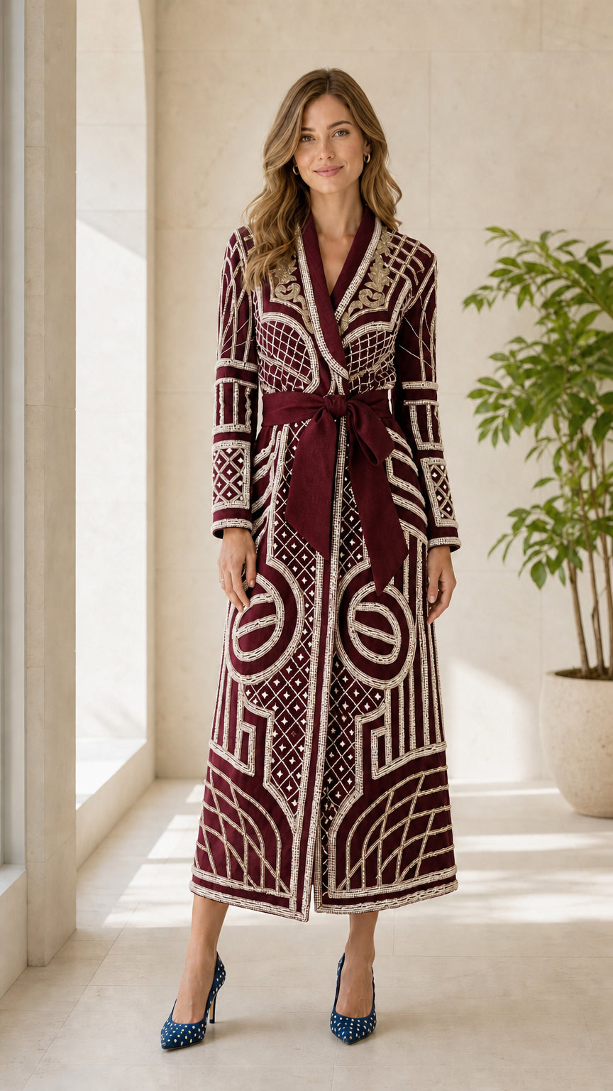 Front view of burgundy geometric embroidered long coat
