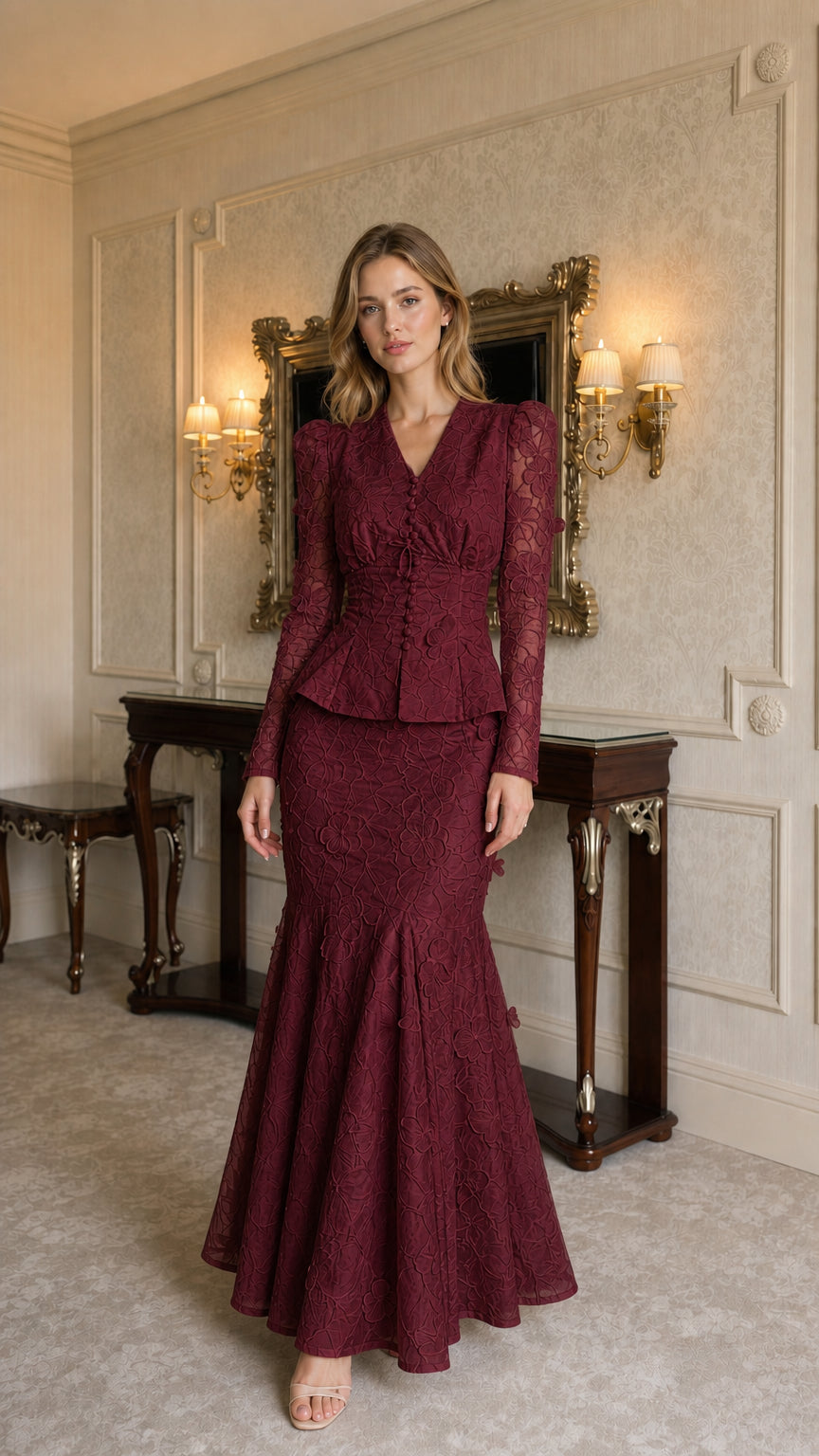 Model wearing burgundy lace two-piece set, front view