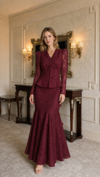 Model wearing burgundy lace two-piece set, front view