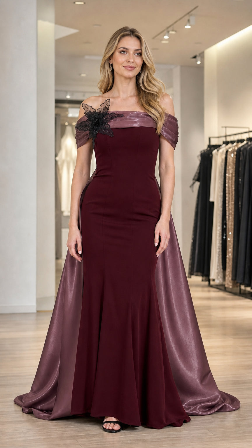 Burgundy color variant of the off-shoulder evening gown