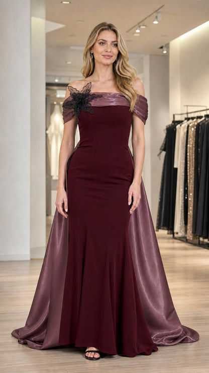 Burgundy color variant of the off-shoulder evening gown