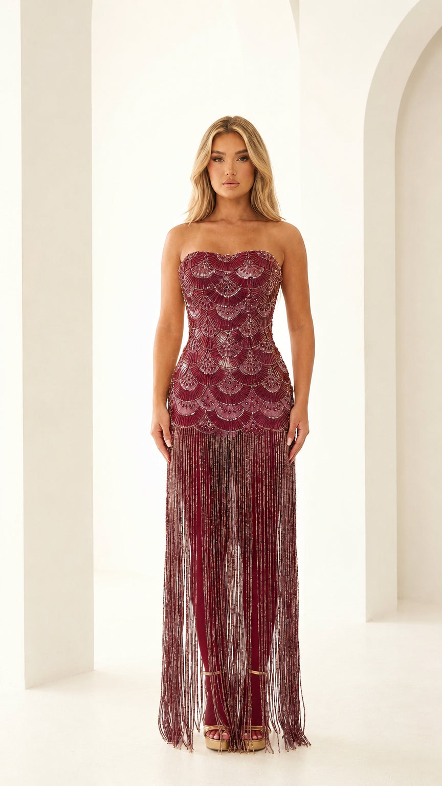 Front view of burgundy beaded fringe evening gown