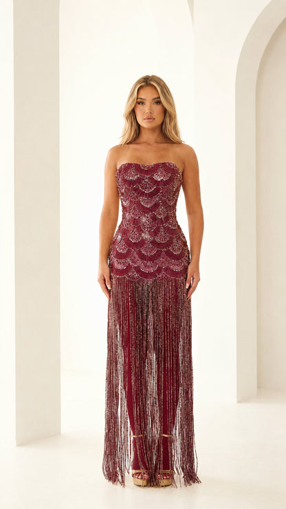 Front view of burgundy beaded fringe evening gown