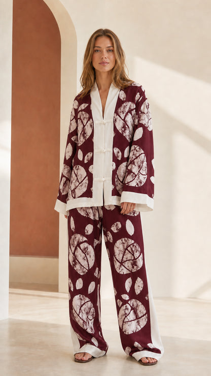 Woman wearing Burgundy printed lounge set