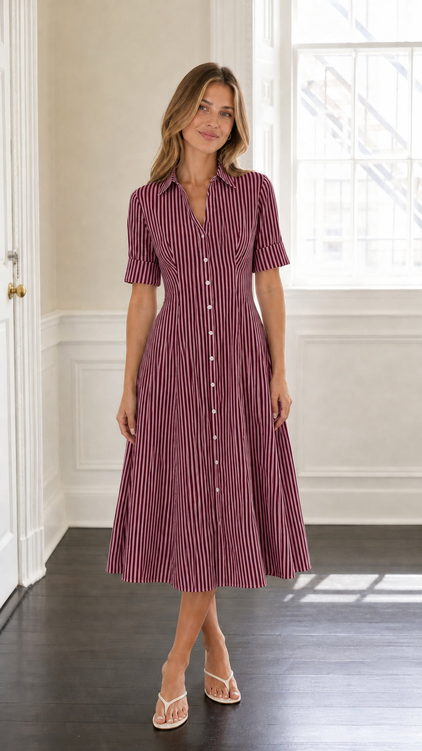 Model wearing burgundy striped midi shirt dress