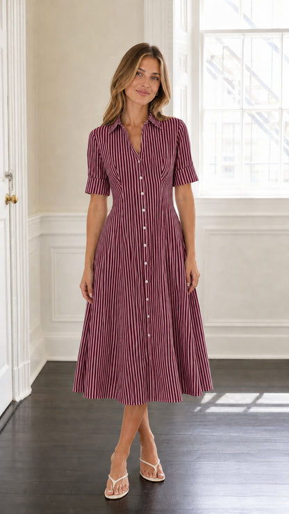 Model wearing burgundy striped midi shirt dress