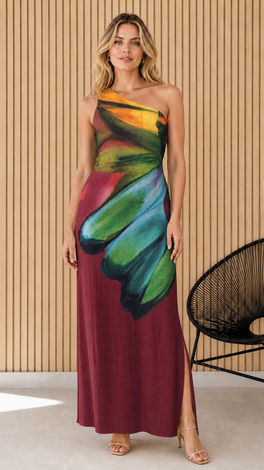 Front view of one-shoulder maxi dress in burgundy