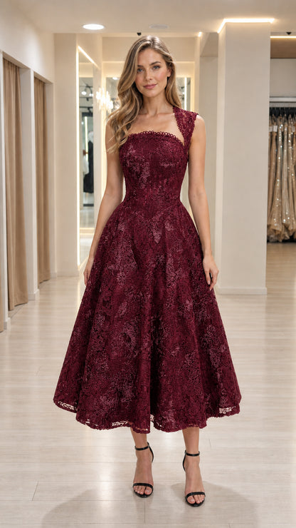 Front view of woman wearing burgundy lace midi dress