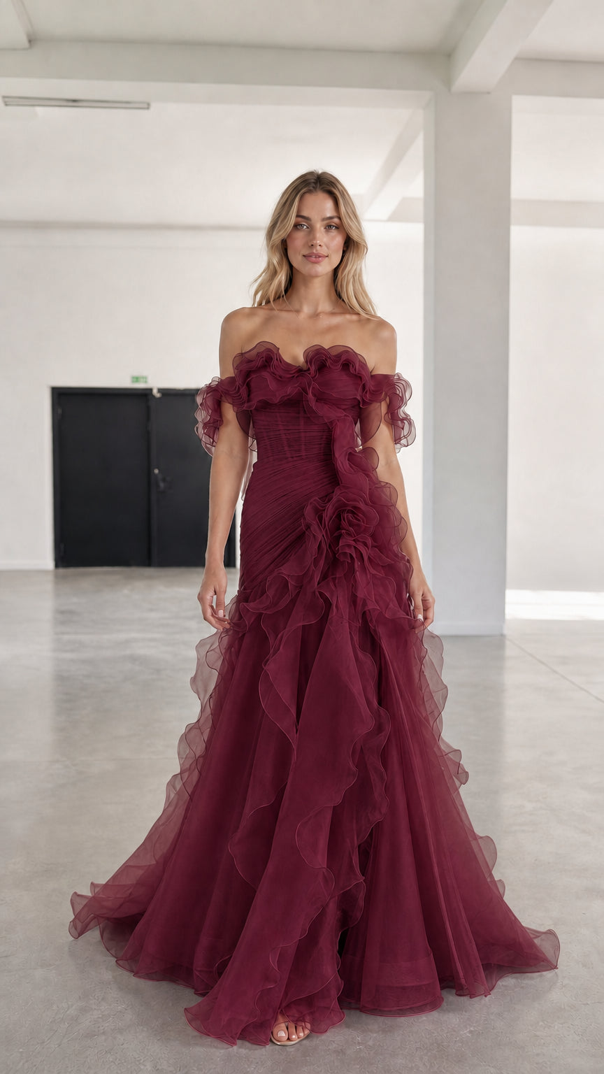 Front view of burgundy red off-shoulder ruffled tulle evening gown