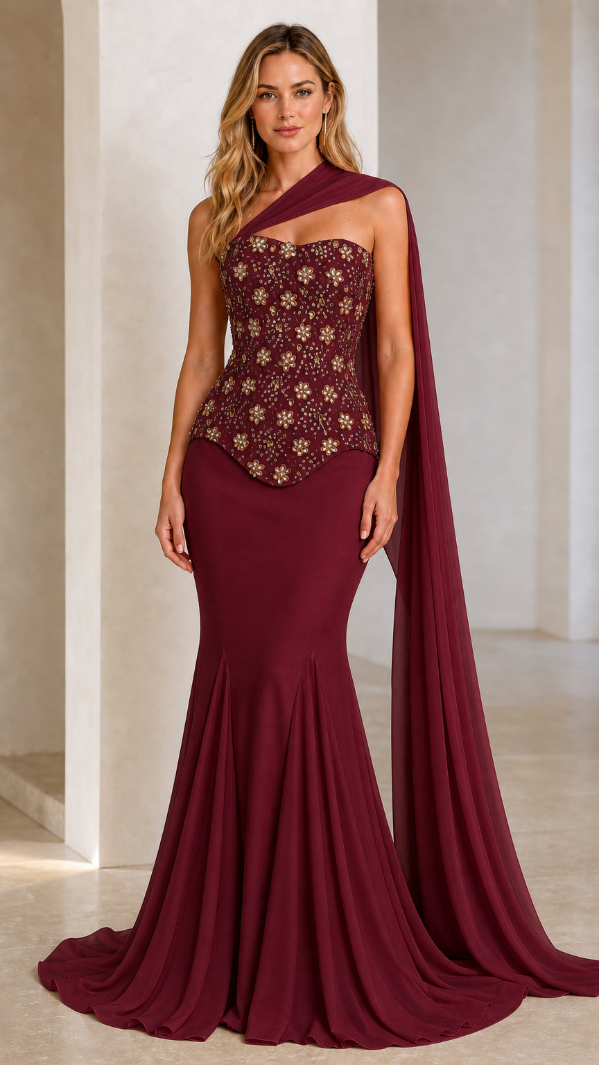 Front view of burgundy beaded one-shoulder evening dress