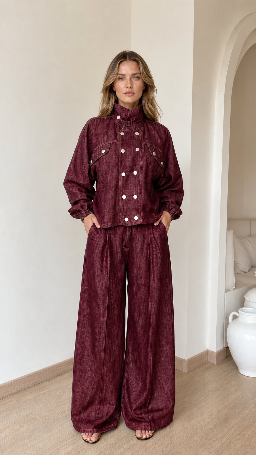 Model wearing burgundy denim jacket and wide-leg pants set