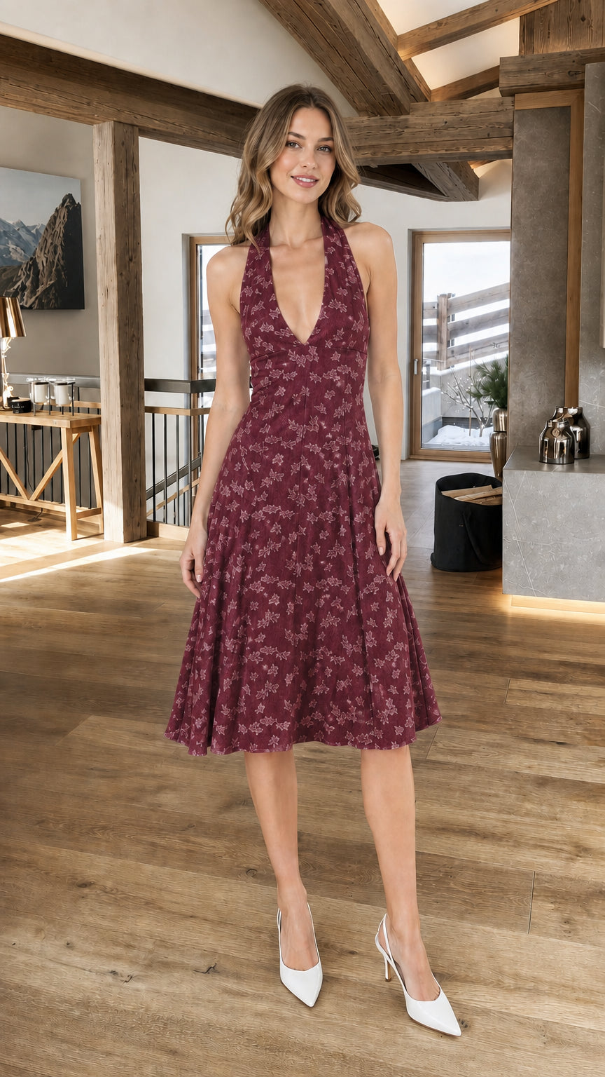 Front view of Burgundy floral halter neck midi dress