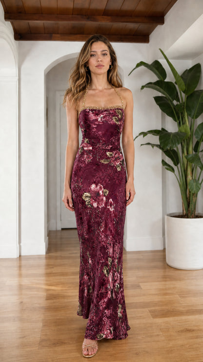 Front view of model in Burgundy floral maxi slip dress