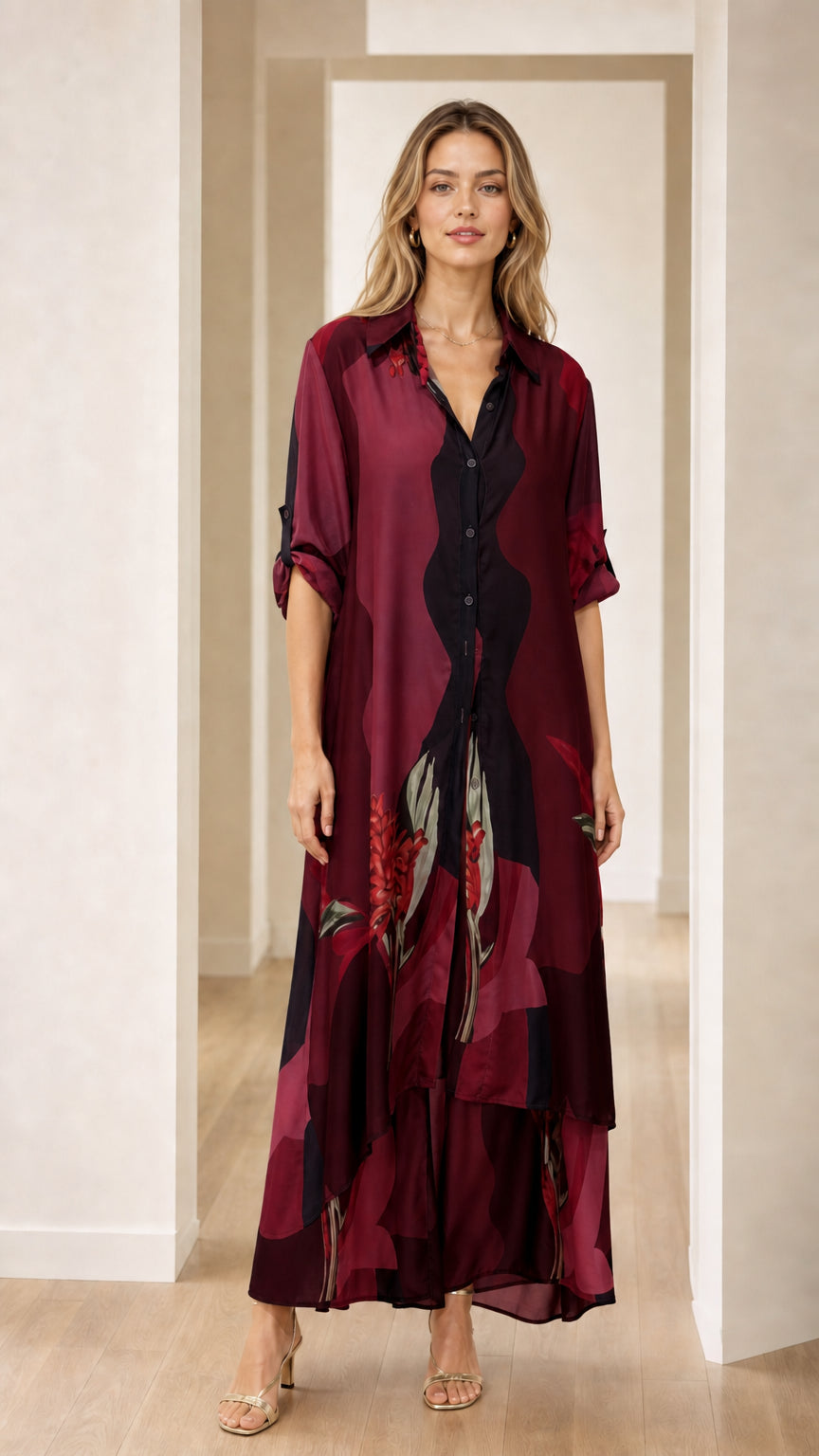 Model wearing burgundy color variant of maxi shirt dress