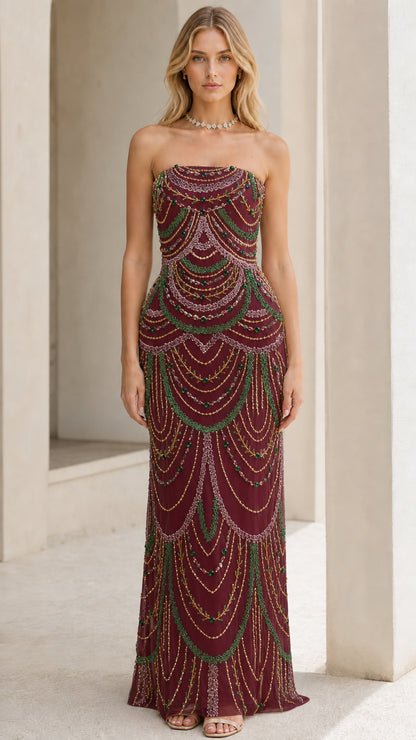 Front view of model wearing the burgundy beaded evening gown variant