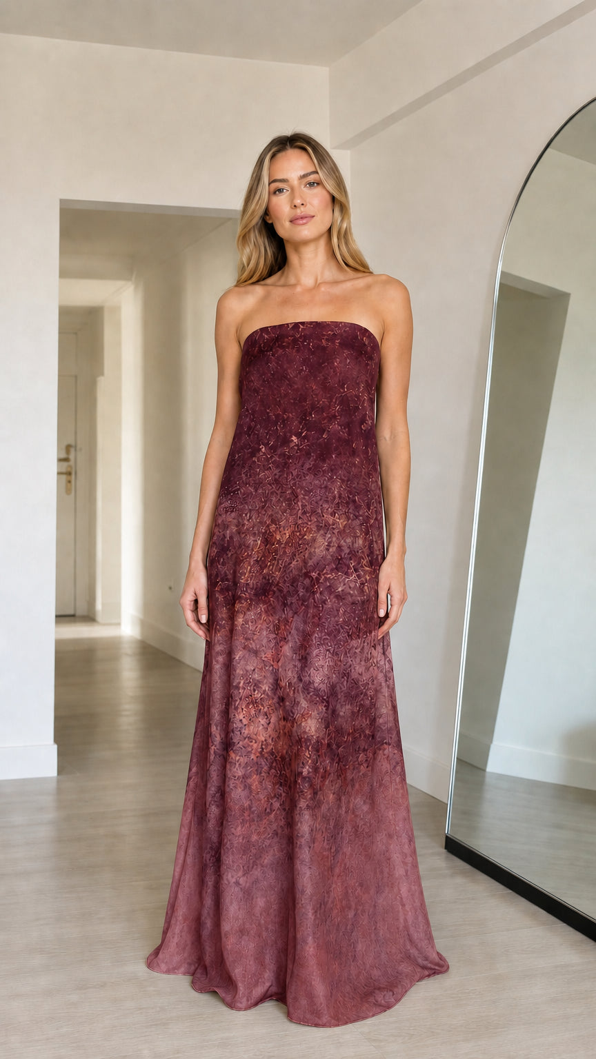 Ethereal Ombre Strapless Maxi Dress in Burgundy variant