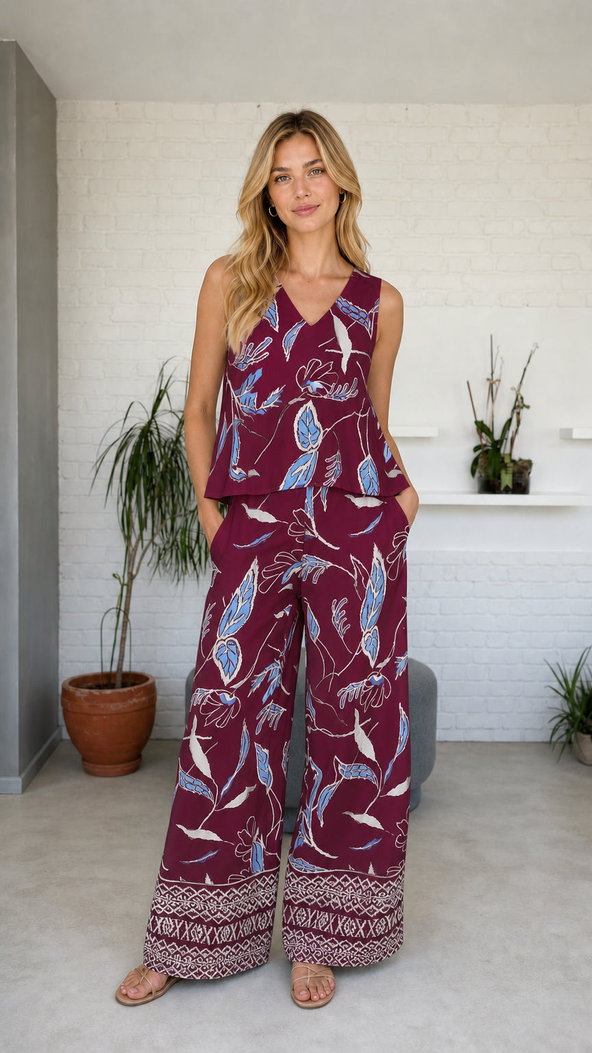 Model wearing burgundy botanical print two-piece set