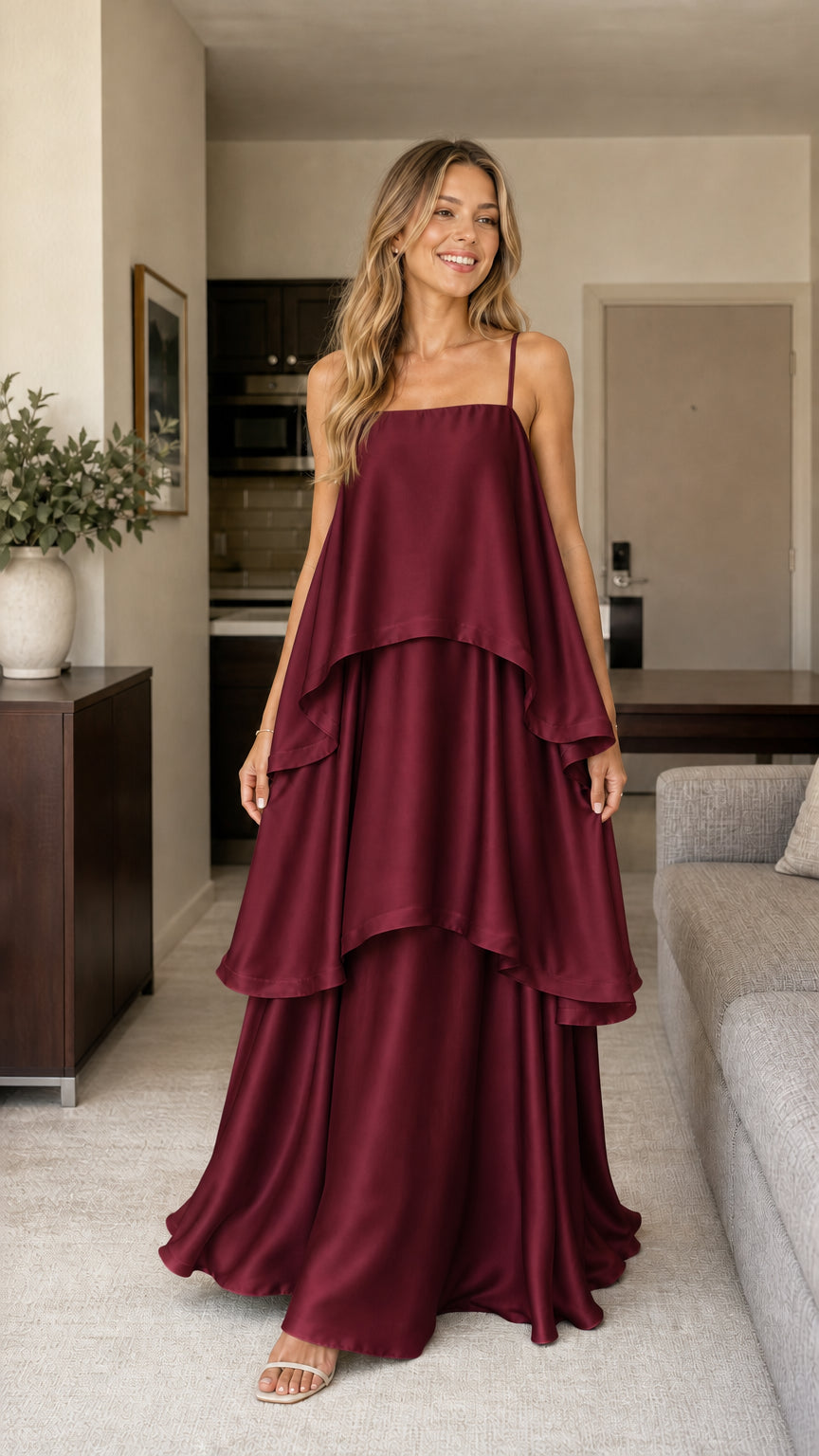 Model wearing burgundy tiered maxi dress