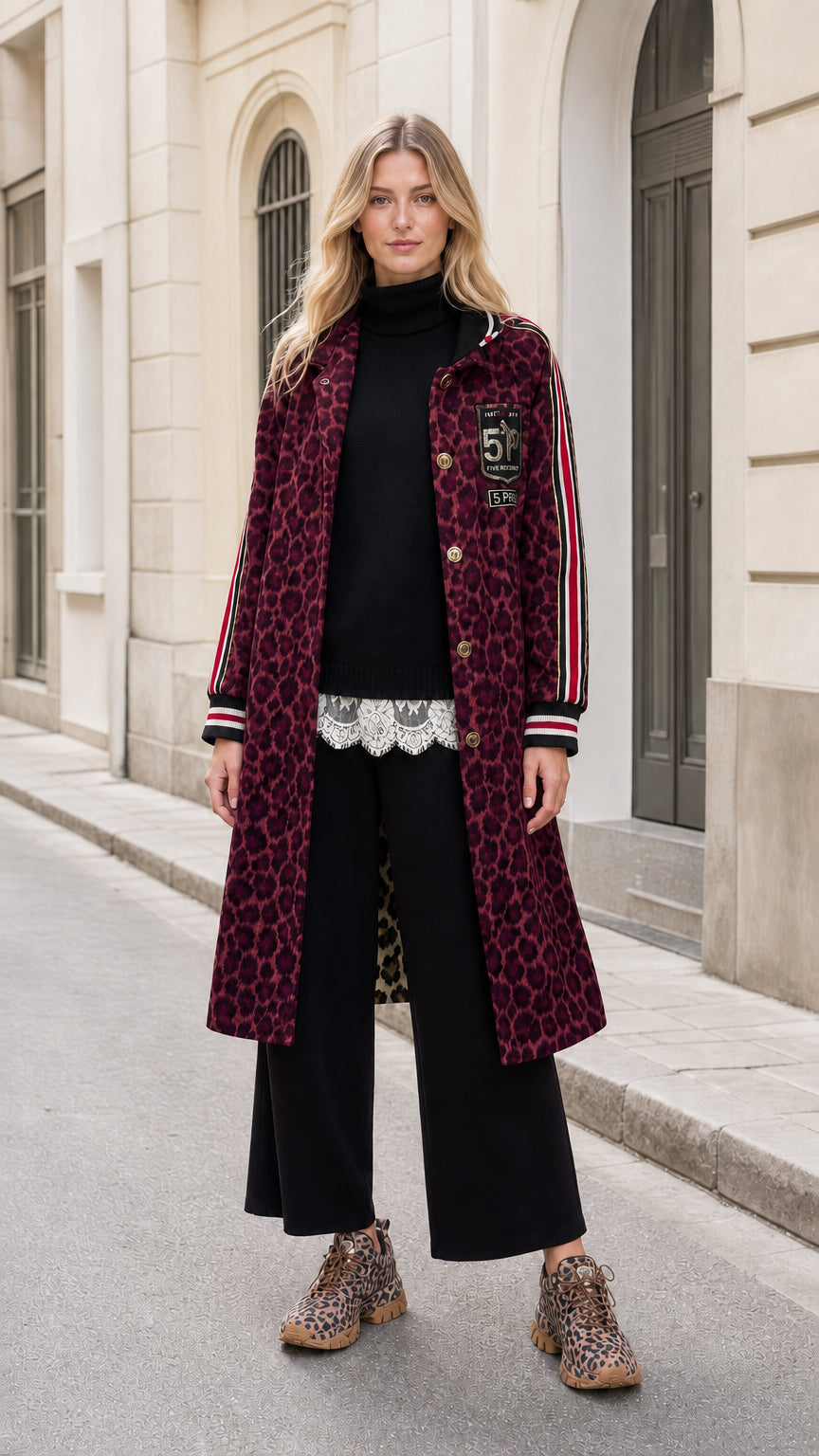 Model wearing Burgundy red leopard print longline varsity coat