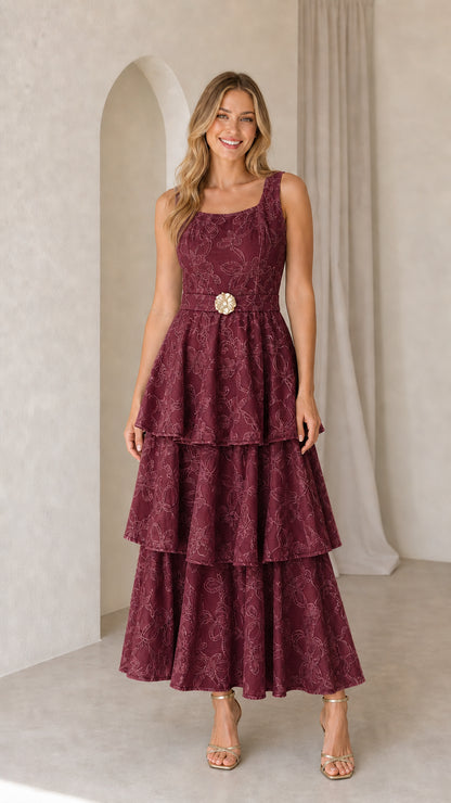 Burgundy floral embroidered tiered square neck maxi dress