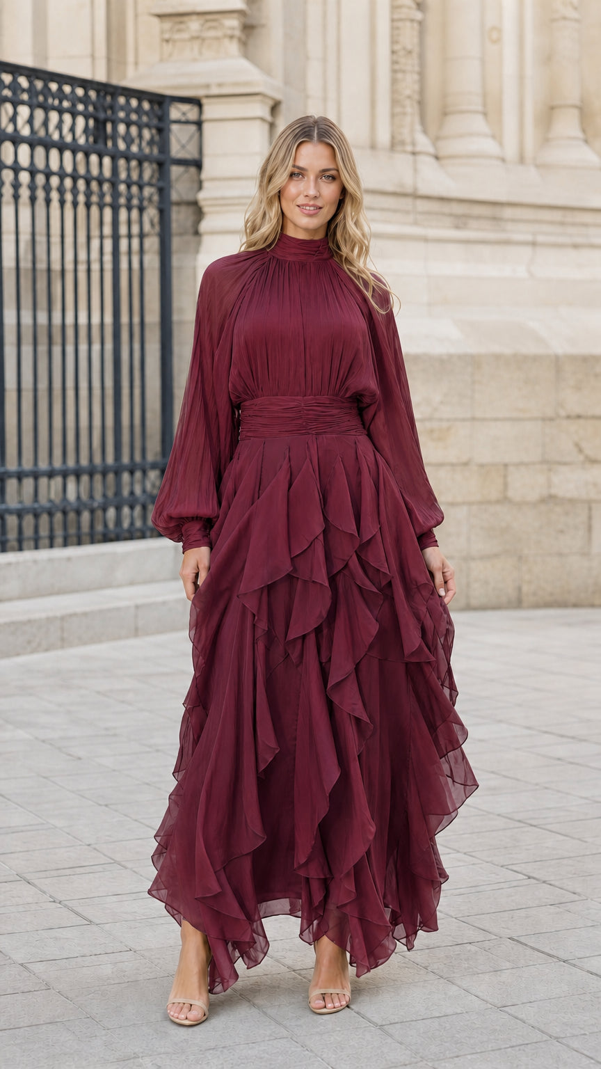 Model wearing burgundy wine tiered ruffle high neck maxi dress