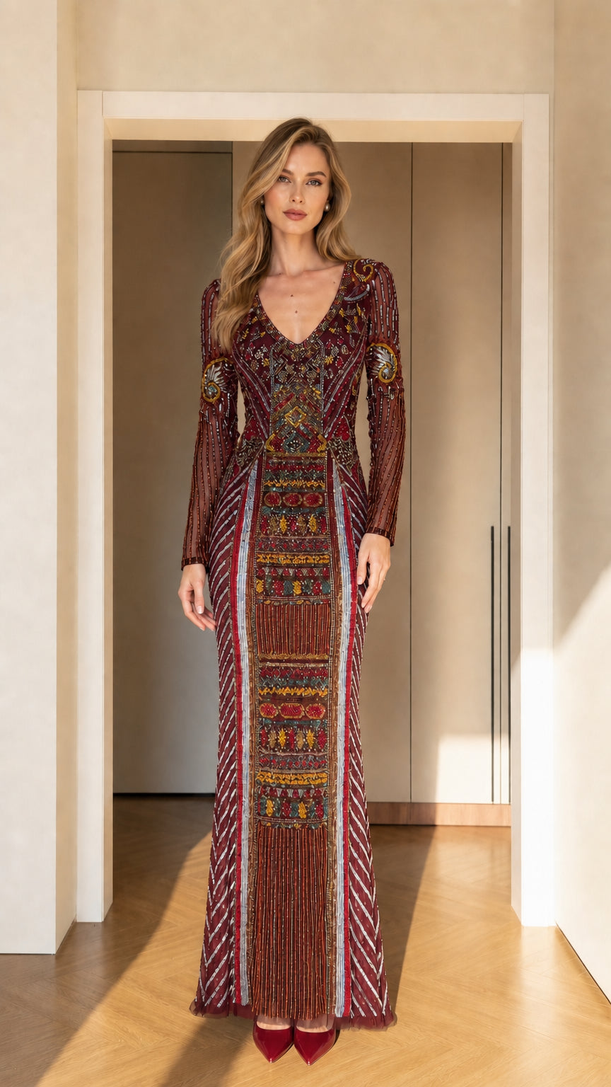 Burgundy wine beaded floor-length evening dress