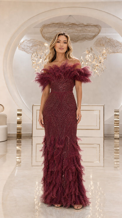 Burgundy wine off-shoulder feather trim sequin evening dress