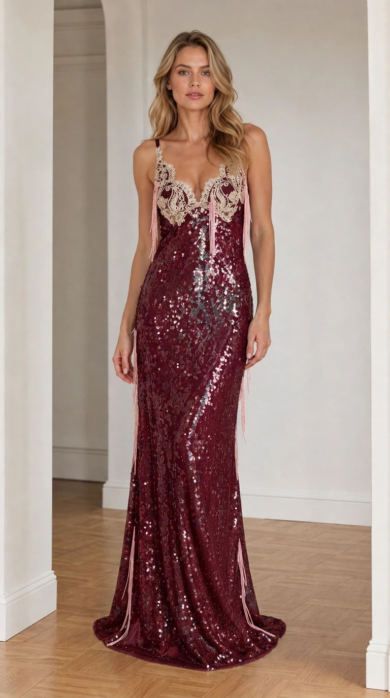Front view of burgundy sequin evening dress