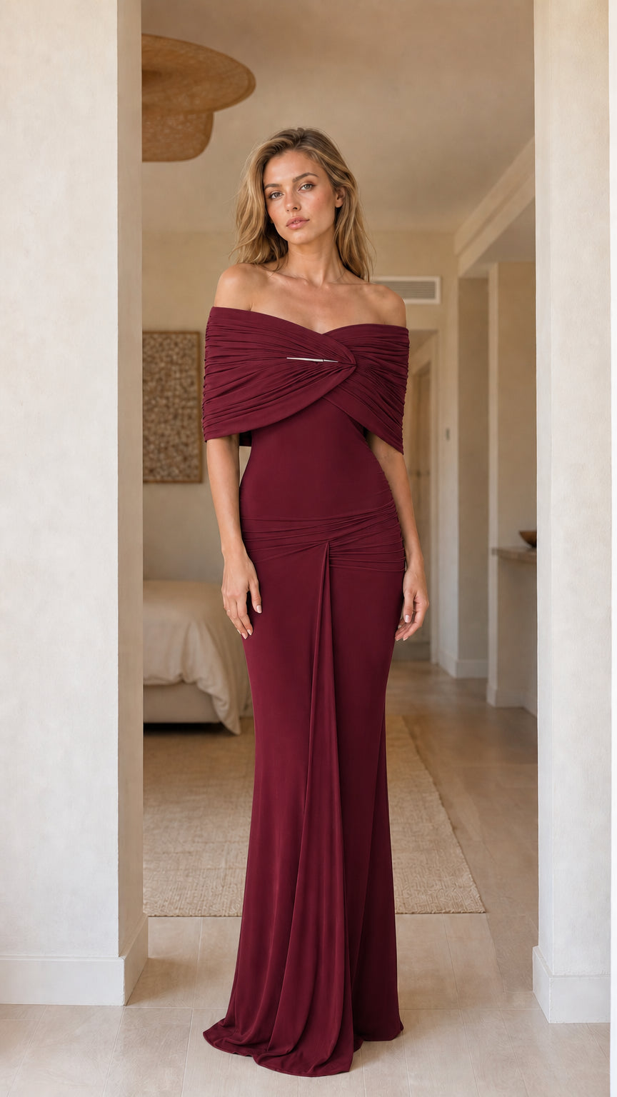Front view of burgundy evening gown variant