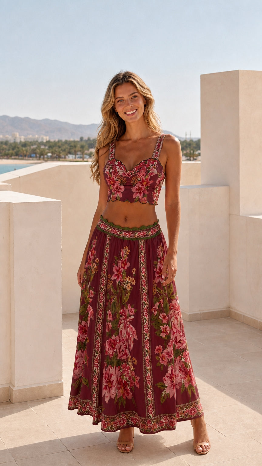 Model wearing burgundy floral two-piece crop top and maxi skirt set