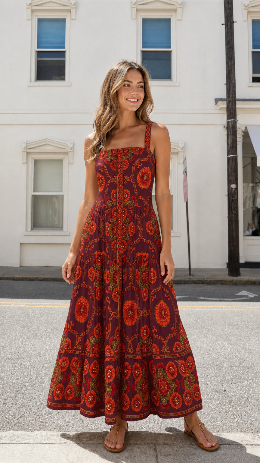 Model wearing burgundy colorway of the floral tiered maxi dress
