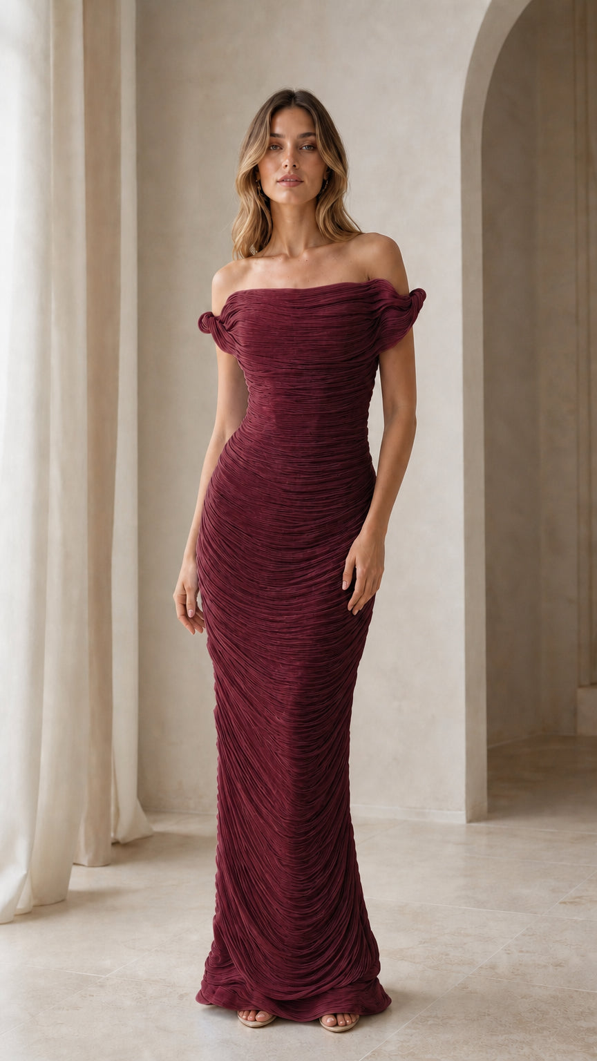 Model wearing burgundy evening party dress