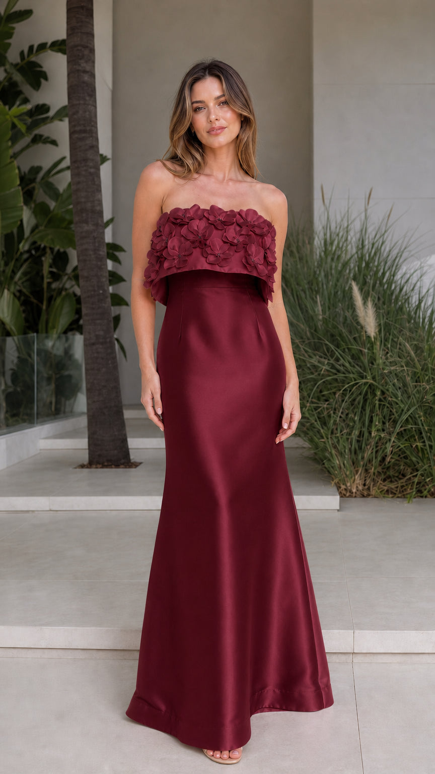 Front view of burgundy red strapless evening dress