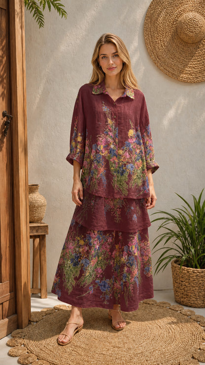 Women's burgundy floral button-down shirt and tiered maxi skirt set