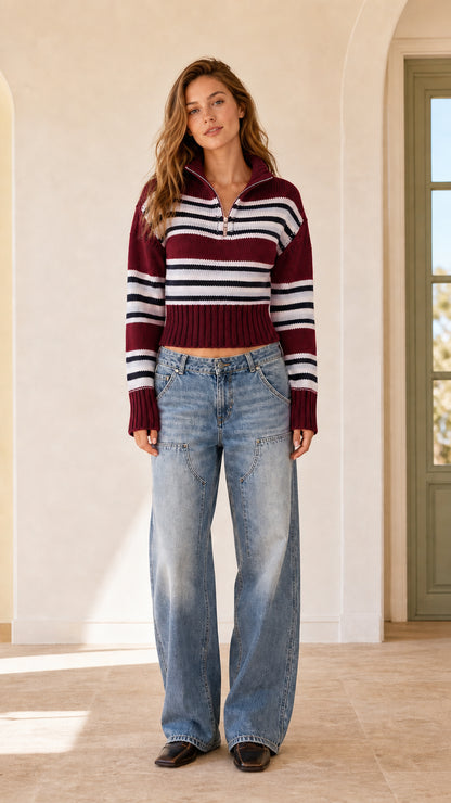 Full front view of burgundy wine striped quarter-zip cropped knit sweater