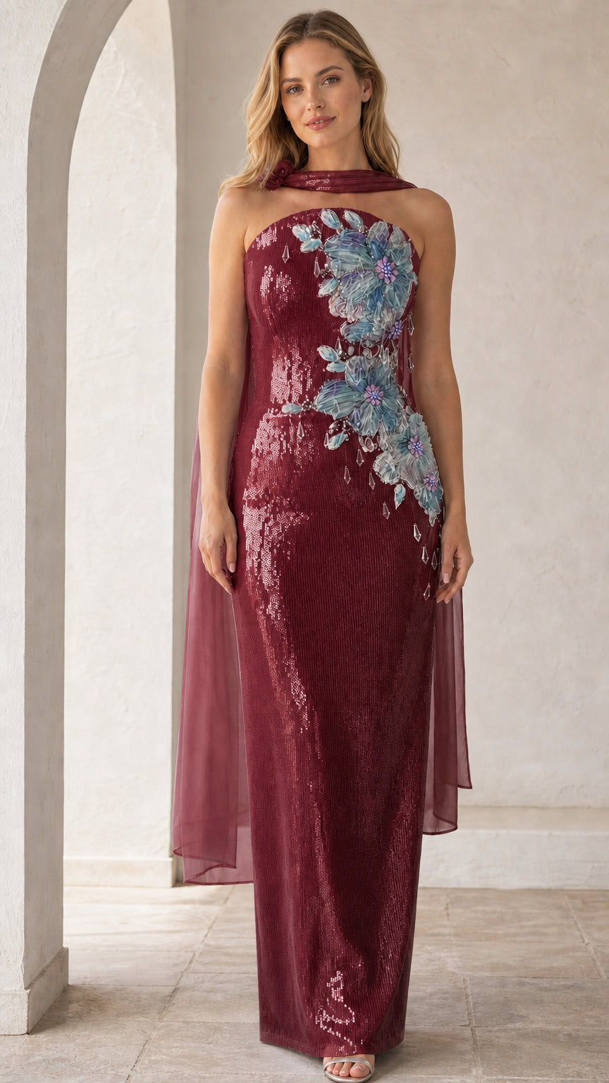 Burgundy version of the floral applique sequin evening gown