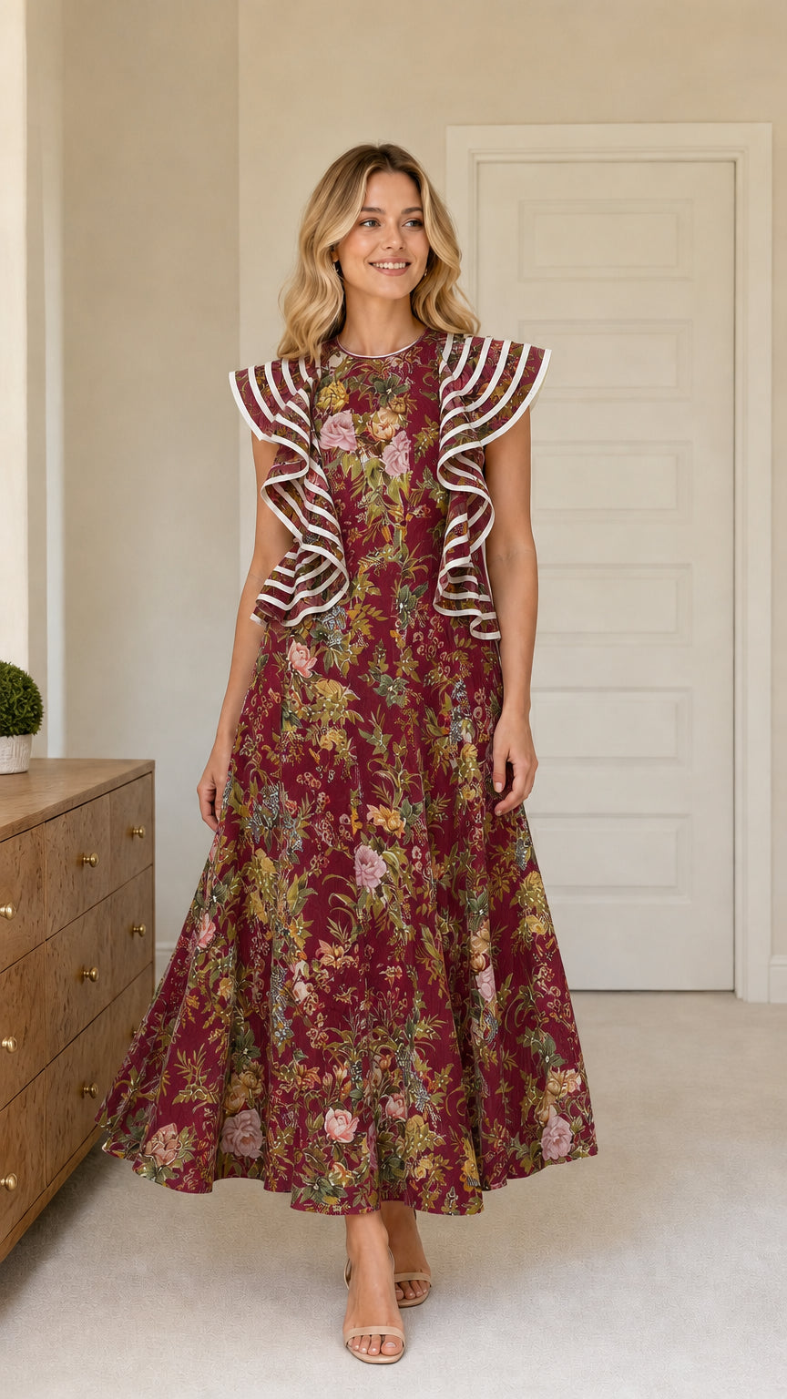 Model wearing burgundy floral ruffle maxi dress