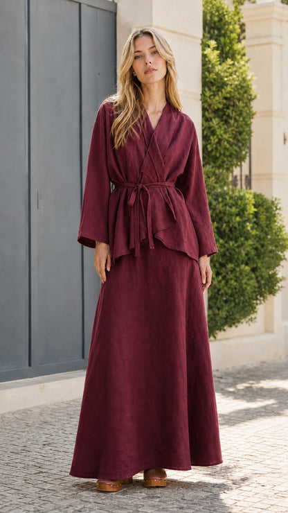 Front view of model wearing burgundy two-piece set