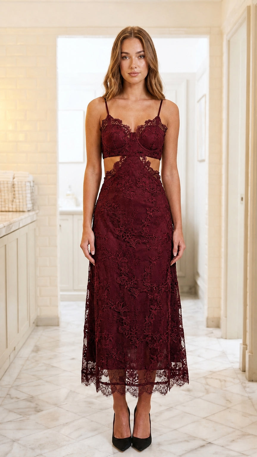 Front view of woman wearing burgundy cutout lace midi dress