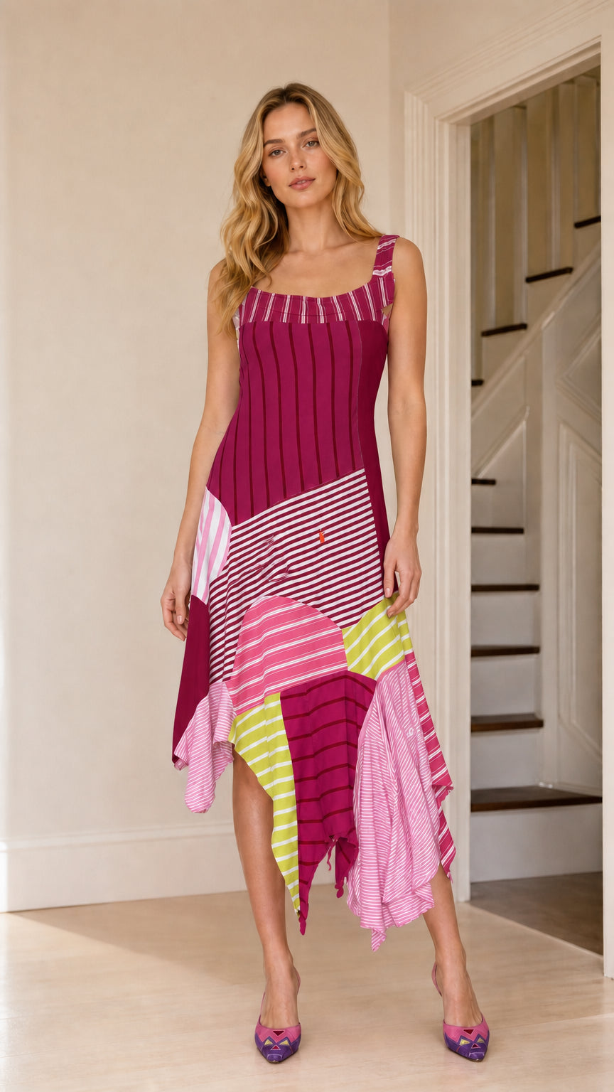 Front view of the burgundy colorblock handkerchief hem midi dress