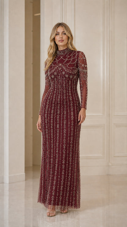 Burgundy wine beaded long sleeve formal dress
